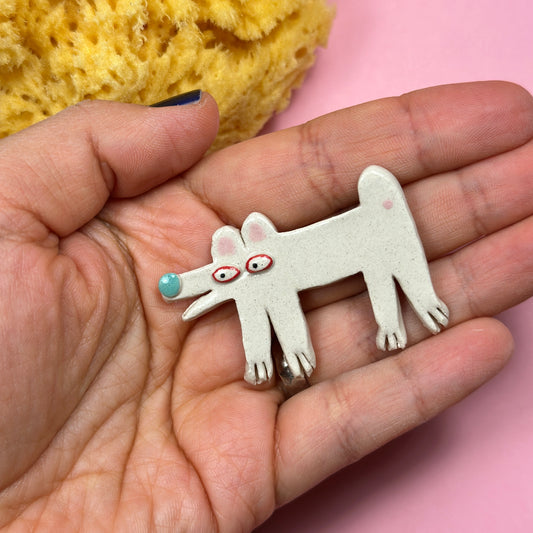 Ceramic brooch "White Doggy"